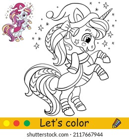 Cute and funny little standing christmas unicorn. Coloring book page with color template. Vector cartoon illustration. For kids coloring, card, print, design, decor and puzzle.