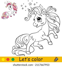 Cute and funny little unicorn pink long mane. Coloring book page with color template. Vector cartoon illustration. For kids coloring, card, print, design, decor and puzzle.