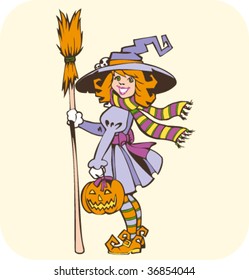cute and funny little witch with pumpkin and broom