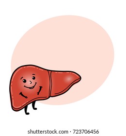 Cute and funny liver character with human face and round space for text, cartoon vector illustration isolated on white background. Healthy smiling liver character with arms and legs