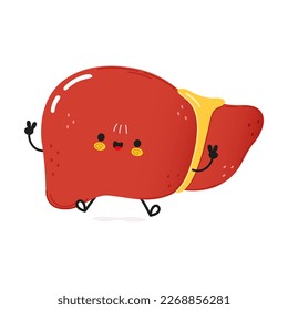 Carácter divertido de saltar el hígado. Caricatura dibujada a mano del vector icono de ilustración del personaje kawaii. Aislado sobre fondo blanco. Concepto de personaje de hígado feliz