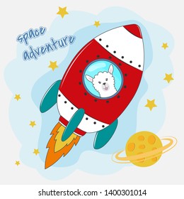 Cute funny llama astronaut  flying on a rocket. Space adventure. Element for print design, greeting card, poster and  t-shirt.