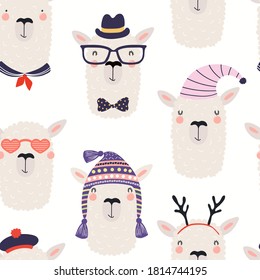 Cute funny llama faces in hats and glasses seamless pattern, on a white background. Hand drawn vector illustration. Scandinavian style flat design. Concept for kids textile, fashion print, wallpaper.
