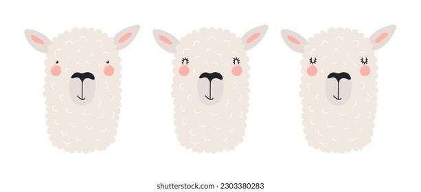 Cute funny llama faces illustrations set. Hand drawn cartoon character. Scandinavian style flat design, isolated vector. Kids print element, poster, card, wildlife, nature, baby animals