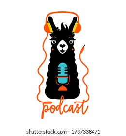 Cute funny llama in red headphones with blue microphone in fashionable flat style logo design. Emblem application template with lettering word Podcast and animal. Online radio typography poster