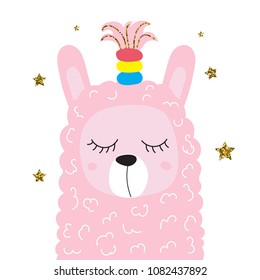 Cute funny llama surrounded by Golden stars. Lama with fashionable hairstyle. Scrawl. For print.