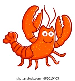 Cute and funny lobster walking and puts two hands up - vector.