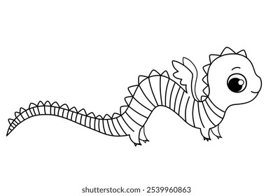 Cute funny long winged dragon. Year of Dragon, Chinese new year, China lunar calendar animal. Kids success tracker. Black and white doodle vector illustration, isolated on a white background.