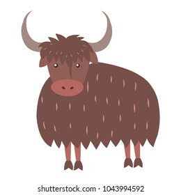 Cute funny long-haired himalayan bull, wold or yak vector flat cartoon sticker isolated on white. Domestic animal or pet illustration for game counters, price tags