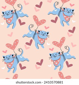 Cute funny love cats and hearts seamless pattern. Greeting card print for Valentine's Day. Vector illustration doodle style