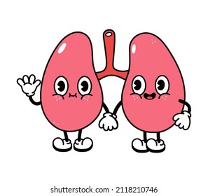 Cute funny lungs waving hand character.Vector hand drawn traditional cartoon vintage,retro, kawaii character illustration icon.Isolated white background. Lungs emoji,child,adorable,kids concept