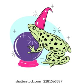 Cute funny magic frog in hat with fortune teller ball. Cute childish illustration.