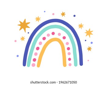 Cute funny magic rainbow with stars isolated on white background. Sweet childish drawing of abstract Scandinavian multicolored arch. Children's flat vector illustration in doodle style