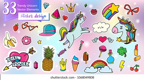 Cute funny magic unicorn sticker patch badge set with cute feminism girl power symbols