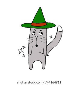 Cute funny magician cat. Vector hand drawn illustration in cartoon style.