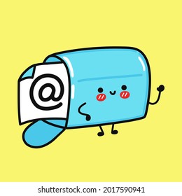 Klug lustige Briefkasten-Charakter. Vektorhandgezeichnete Cartoons kawaii Zeichentricksymbol. Einzeln auf gelbem Hintergrund. Postfach-Zeichenkonzept