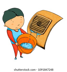 Cute and funny male gathering water from car air conditioner - vector.