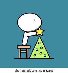 Cute funny man decorates Christmas tree with lights and a star on the blue background. Xmas and new year holidays - cartoon vector illustration.