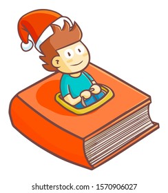 Cute and funny man driving a book wearing Santa's hat for christmas