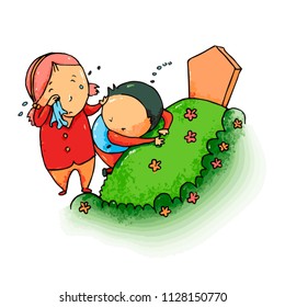 Cute and funny man and female crying at the grave - vector.