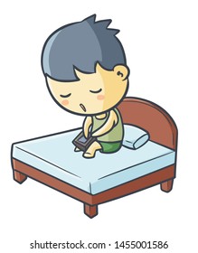 Cute and funny man get sleepy while holding cellphone
