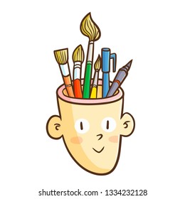 Cute and funny man head filled with drawing equipment.