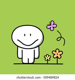 Cute funny man near the flowers and a butterfly on the green background. Spring, summer and nature - cartoon vector illustration.