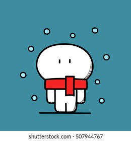 Cute funny man in red scarf and snow on the blue background. Winter snowfall - cartoon vector illustration.