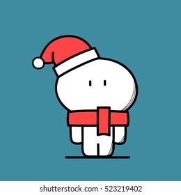 Cute funny man in red scarf and hat looks like santa claus on the blue background. Christmas and new year holidays - cartoon vector illustration.