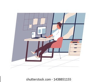 Cute funny man sitting at desk and working on computer at modern office. Young professional or male employee at workplace. Daily routine, everyday life. Flat cartoon colorful vector illustration.