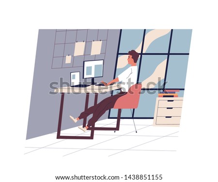 Cute funny man sitting at desk and working on computer at modern office. Young professional or male employee at workplace. Daily routine, everyday life. Flat cartoon colorful vector illustration.