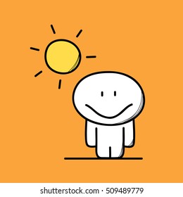 Cute funny man with smile on his face and the sun on the orange background. Summer and happiness - cartoon vector illustration.