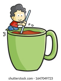 Cute and funny man stirring up a coffee on a green cup