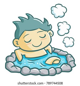 Cute and funny man take a bath in hot nature water - vector.