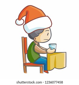 Cute and funny man waiting for someone with a glass of drink and wearing Santa's hat for christmas - vector.