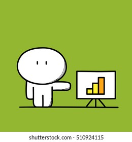 Cute funny man at work with graph or diagram on the board on the green background. Business presentation  - cartoon vector illustration.