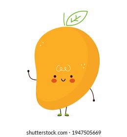 Carácter gracioso de la fruta de Mango. Caricatura dibujada a mano del vector icono de ilustración del personaje kawaii. Aislado sobre fondo blanco. Concepto de personaje de fruta de mango