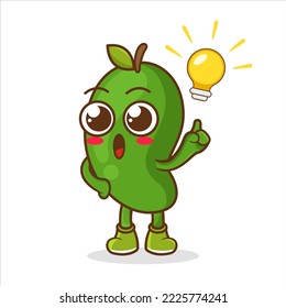Cute funny mango fruit with idea light bulb. mango character cartoon getting the idea