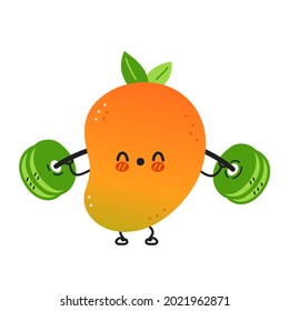 Cute funny mango fruit make gym with barbell. Vector hand drawn cartoon kawaii character illustration icon. Isolated on white background. Mango exotic baby fruit character concept