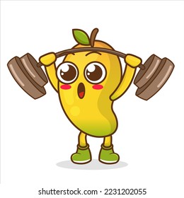 El divertido y lindo fruto de mango hace gimnasio con barbacoa. ilustración de entrenamiento de peso de mango. vector de caracteres