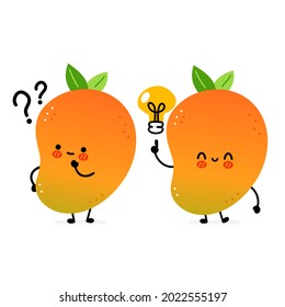 Cute fruta divertida de mango con signo de interrogación y bombilla de ideas. Caricatura dibujada a mano del vector icono de ilustración del personaje kawaii. Aislado sobre fondo blanco. Concepto de personajes exóticos de la fruta del bebé de Mango