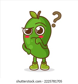Curioso fruto de Mango con signos de interrogación. mascota del personaje de la fruta del mango con gesto confuso dibujo aislado de estilo plano