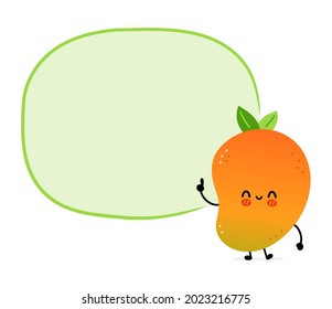 Cute funny mango fruit with text box. Vector hand drawn cartoon kawaii character illustration icon. Isolated on white background. Mango exotic baby fruit character concept