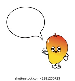 Cute funny Mango with speech bubble character. Vector hand drawn traditional cartoon vintage, retro, kawaii character illustration icon. Isolated background. Happy Mango character