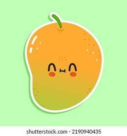 Cute funny mango sticker character. Vector hand drawn cartoon kawaii character illustration icon. Isolated on green background. Mango character concept