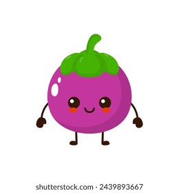 Cute funny mangosteen fruit character. Vector cartoon kawaii character illustration