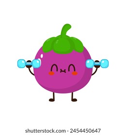 Cute funny mangosteen fruit is doing gym with dumbbells