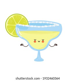 Cute funny Margarita cocktail meditate in yoga pose. Vector hand drawn cartoon kawaii character illustration icon. Isolated on white background. Margarita cocktail meditate concept