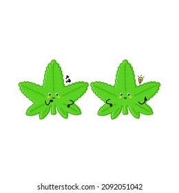Carácter gracioso de la hoja de marihuana. Icono de ilustración de personaje de mascota de dibujos hechos a mano por vectores. Aislado sobre fondo blanco