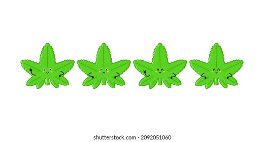 Carácter gracioso de la hoja de marihuana. Icono de ilustración de personaje de mascota de dibujos hechos a mano por vectores. Aislado sobre fondo blanco